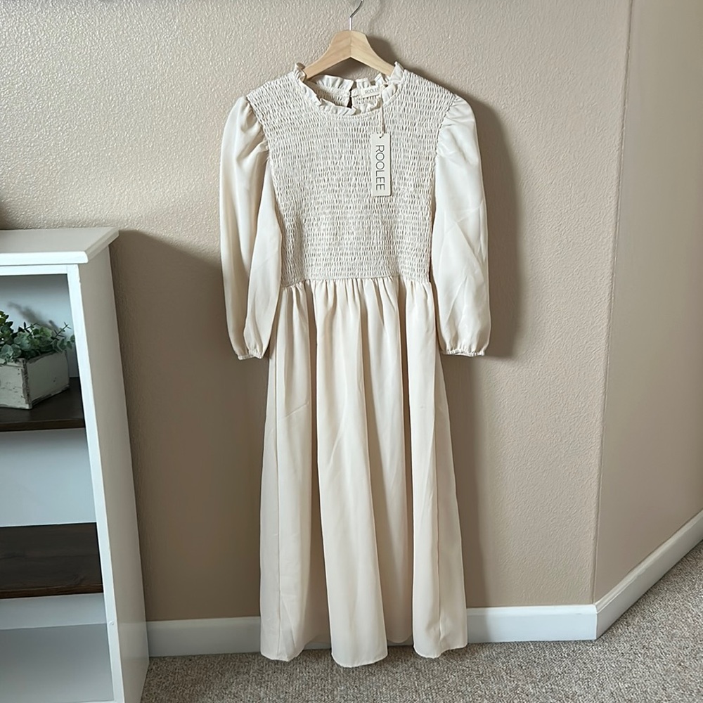 Roolee NEW Cream Smocked Midi Dress Small